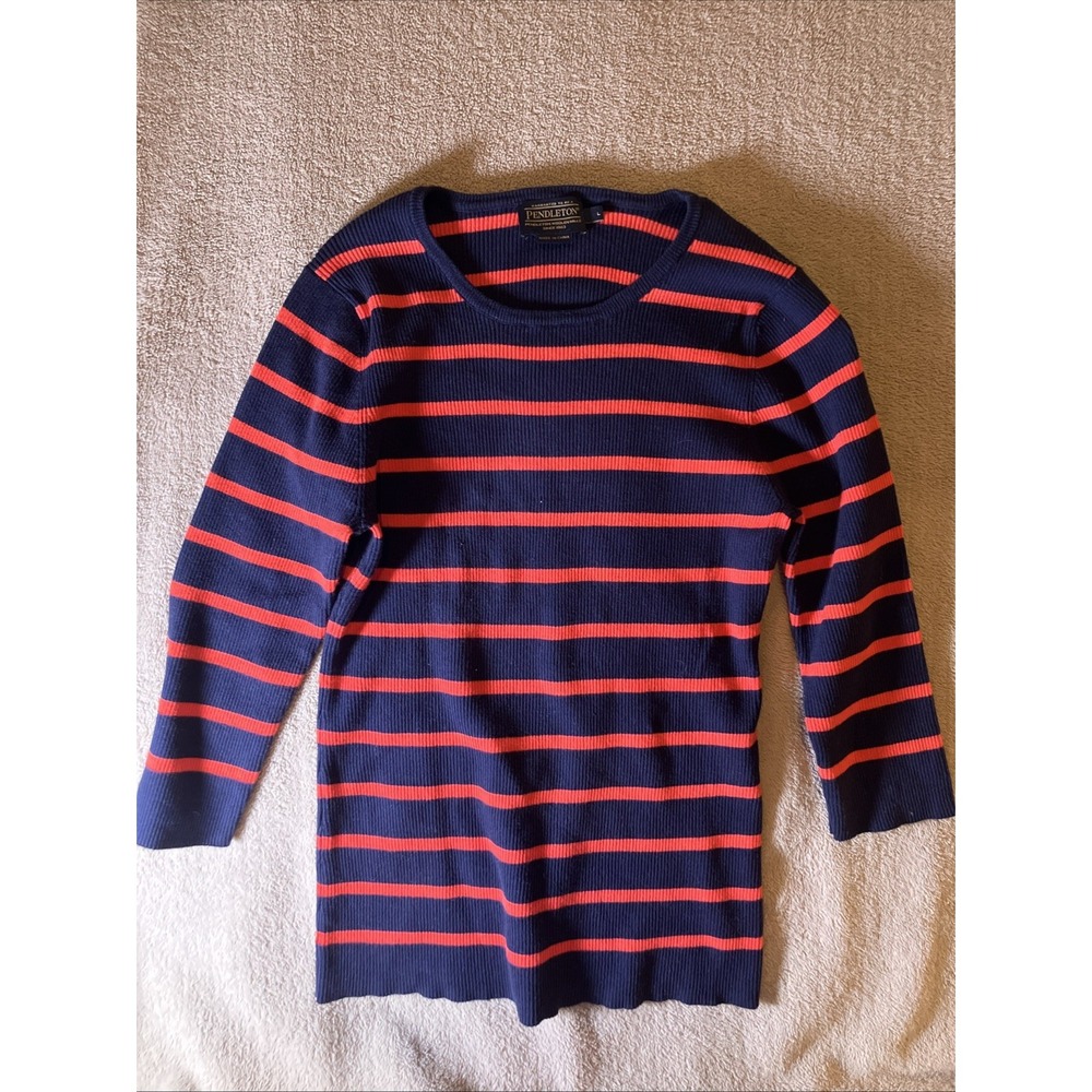 Pendleton Preppy 3/4 Sleeve Striped Sweater‎ Ribbed Knit Women's Size L Navy Red